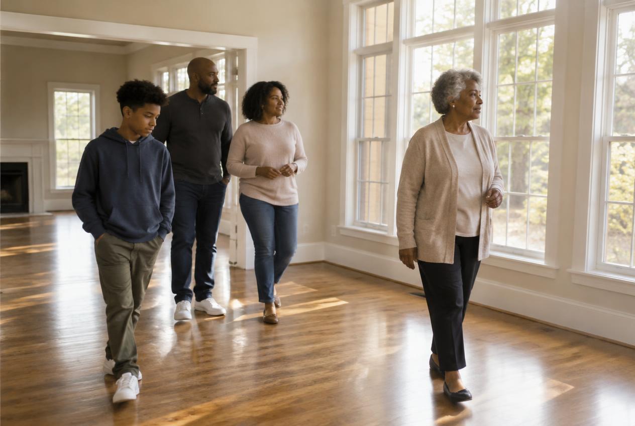 A family walking through an empty, sunlit living room