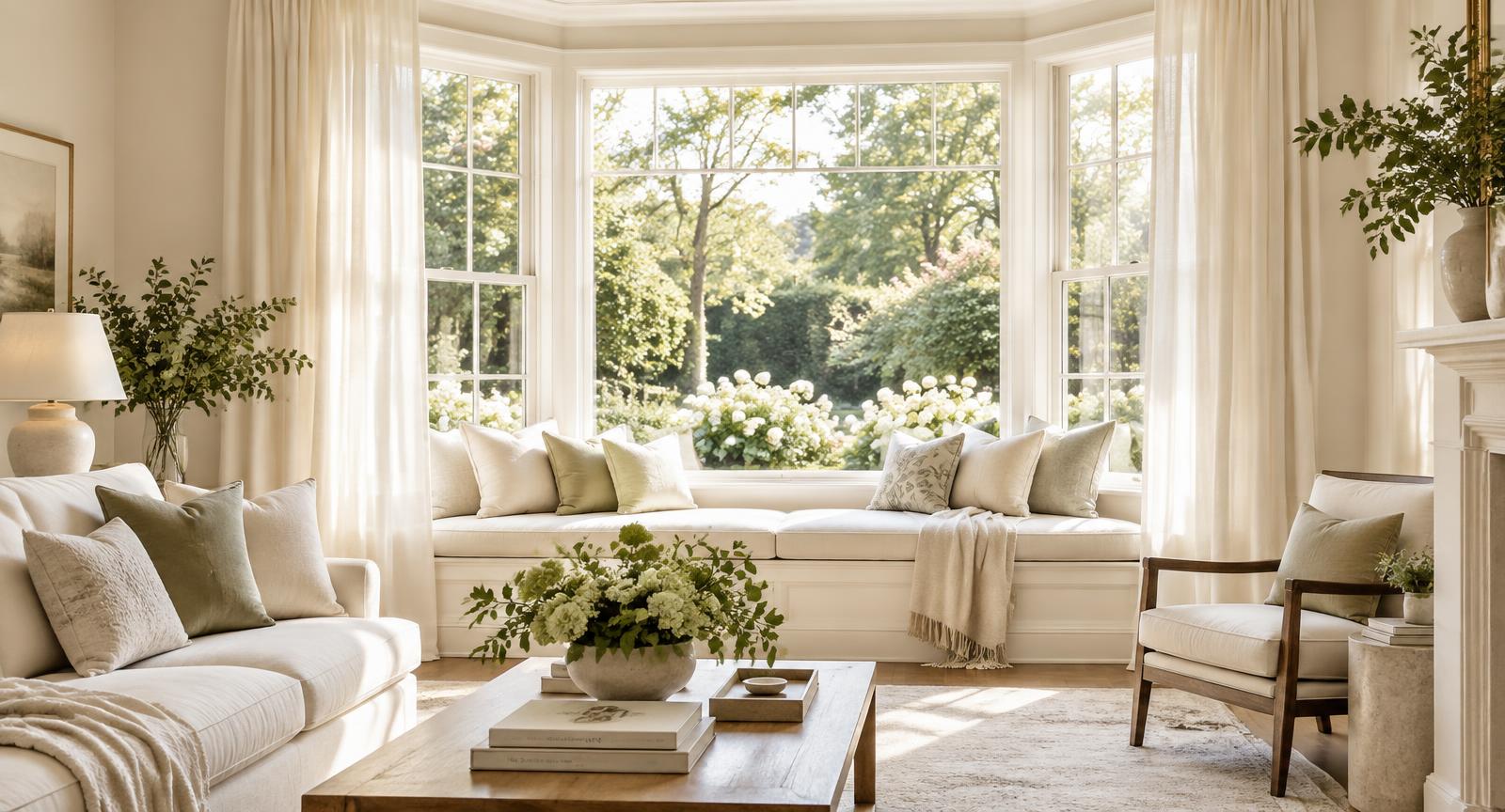 A bright bay window framing a peaceful green garden