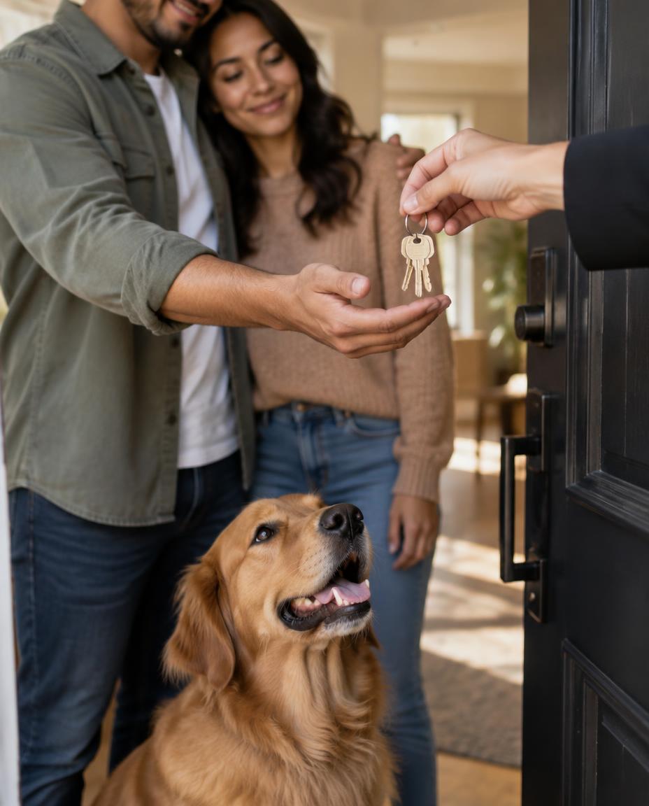 A couple receiving house keys at a front door, with their dog