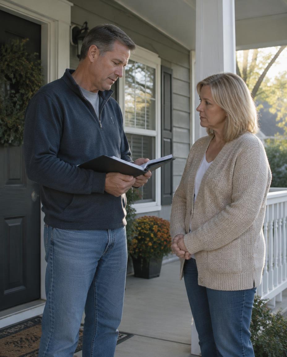 Two people talking on a home’s porch in morning light, one holding a folder